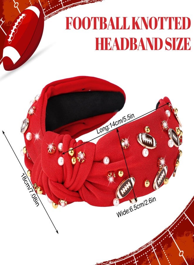 obeoby Football Headband for Women, Knotted Headbands Wide Pearl Rhinestone Hairband Red Hair Accessories for Footballs Mom Fans Gifts - Image 2